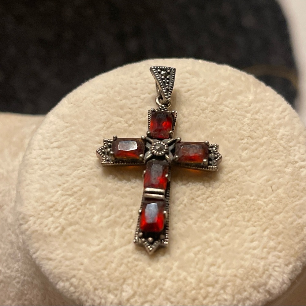 Vintage Sterling Cross Pendant with Deep Red Gemstones